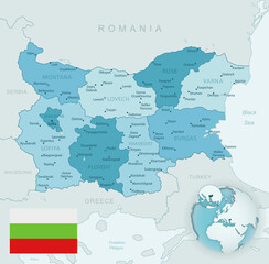 Blue-green detailed map of Bulgaria administrative divisions with country flag and location on the globe. Vector illustration