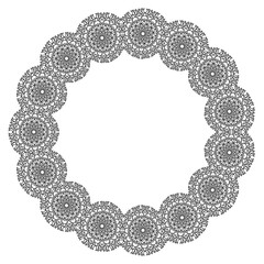 White round frame with lace ornament  on white background. Art deco. Luxury mandala, hand draw design. Ethnic motif. Abstract vector illustration. Holiday template design for invitation, poster, card.