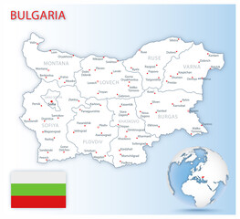 Obraz premium Detailed Bulgaria administrative map with country flag and location on a blue globe. Vector illustration
