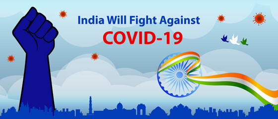 Corona Virus fight back poster. India will fight against Covid-19 for website and social media post. Vector Illustration for banner, brochure, flyer, poster, web, print media.