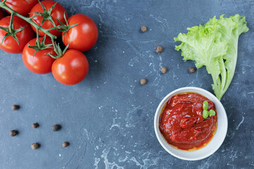 Tomato sauce-ketchup in a bowl with spices, herbs and fresh cherry tomatoes on a branch, on a dark graphite background. The view from the top.