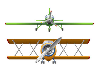 Set of airplane in cartoon style isolated on white background. Agricultural propeller plane. Vector illustration © bs_k1d