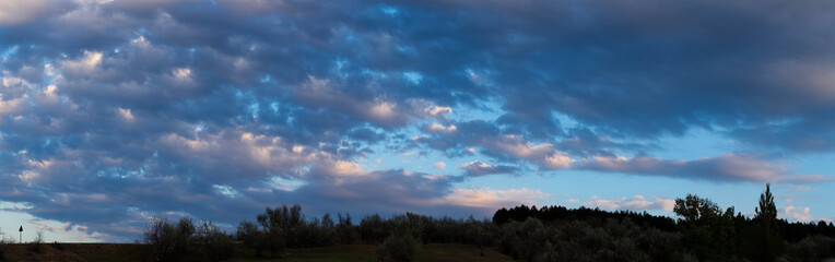 Fototapeta premium Purple-magenta clouds. Cirrus cloudscape on blue sky.Tragic gloomy sky. Landscape with bloody sunset. Fantastic skies on the planet earth.