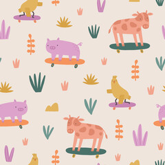 Obraz premium Animals are friends. Cow, pig, chicken on skates 