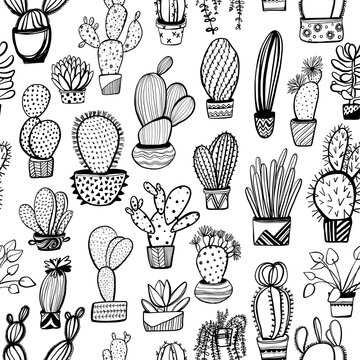 Seamless pattern with hand drawn cactus in a pots. Line drawing. Vector illustration of a cactus isolated on a white background. Ink illustration.