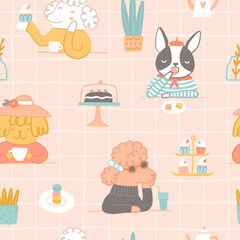 Dogs in a cafe. Cute seamless pattern.