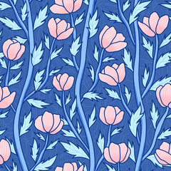 Blue floral seamless pattern. Art nouveau style.