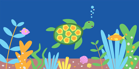 Fototapeta na wymiar Cute little sea turtle swimming on the coral reef in seaweeds. Vector illustration in flat cartoon style on navy blue background