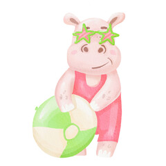 watercolor hippo in swimsuit with star glasses and summer ball. Summer animal. Cartoon character hippopotamus. Illustration for baby and children