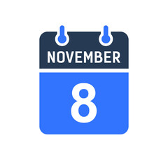 November 8 Calendar Date Icon, Event Date Icon, Calendar Date, Icon Design Vector Graphic