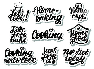 Let's cook. No diet today. Home food. Cooking phrase set. Hand lettering sticker. Brush calligraphy. Cooking at home concept quote. Logo for catering service