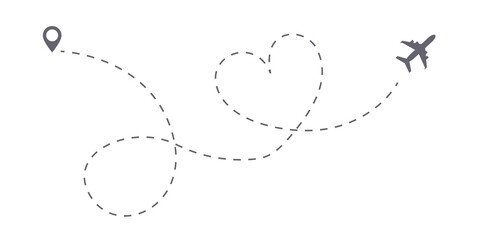 Love trip airplane route icon. Honeymoon Romantic travel symbol, heart dashed line trace. Simple hearted airplane path, flight air dotted love valentine day drawing isolated vector.