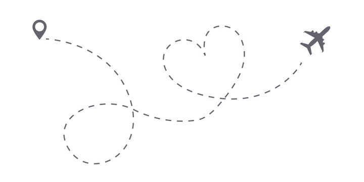 Love trip airplane route icon. Honeymoon Romantic travel symbol, heart dashed line trace. Simple hearted airplane path, flight air dotted love valentine day drawing isolated vector.