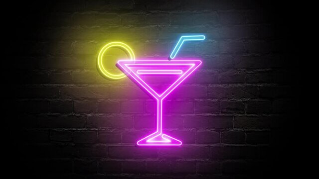Cocktail bar neon sign light on brick wall background. Cocktail bar sign seamless looping.