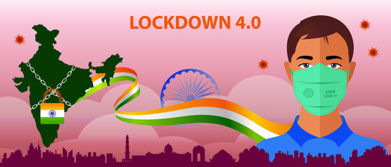 India Extended lockdown to fight with Covid-19 pandemic. Lockdown 3.0 background with corona warrior with protective mask. Stay home stay safe india graphic for website and social media blog post.