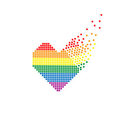 Pixel heart with flying pixels on an edge in colors of LGBT flag. Colorful vector symbol of gay lesbian, transgender love with rainbow lgbt flag. Pride month concept