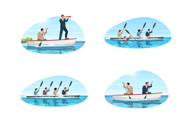 Teamwork metaphor semi flat vector illustration set. Employee with executive boss. Collaboration to reach goal. Motivation and effort. Cooperation 2D cartoon characters for commercial use