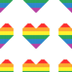 Seamless pattern with hearts in colors of LGBT flag. Pixel illustration. Colorful rainbow vector symbol of gay, lesbian, transgender love on a white background. Pride month concept