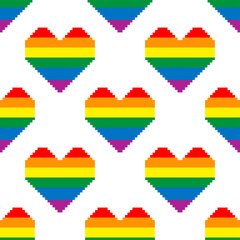 Seamless pattern with hearts in colors of LGBT flag. Pixel illustration. Colorful rainbow vector symbol of gay, lesbian, transgender love on a white background. Pride month concept