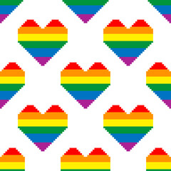 Seamless pattern with hearts in colors of LGBT flag. Pixel illustration. Colorful rainbow vector symbol of gay, lesbian, transgender love on a white background. Pride month concept