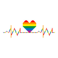 Pixel rainbow cardiogram with heart. Colorful vector symbol of gay lesbian, transgender love with rainbow lgbt flag. Pride month concept.