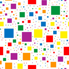 Seamless pattern with squares in colors of LGBT flag. Colorful rainbow pixels of different sizes on a white background. Gay, lesbian, transgender love, pride month concept.