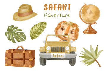 Watercolor set of safari lion with tropic leaves, globus, hat. Jungle animal. . Baby print or poster. Hand drawn cute illustration Trend art. © Alina