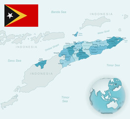 Blue-green detailed map of East Timor administrative divisions with country flag and location on the globe.
