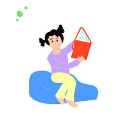 Little girl reading a book. Kindergarten and home-reading concept. Hand drawn illustration.