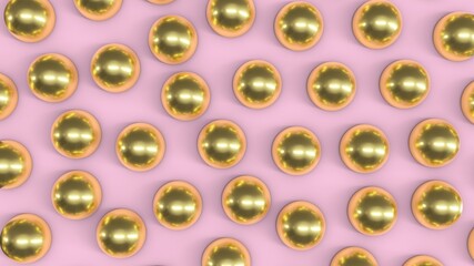 golden spheres on a pink background 3d render