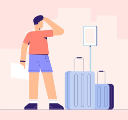 Young man traveling illustration concept. Modern flat design. Tourist Man in search of hotels concept illustration. Flat cartoon colorful vector illustration.