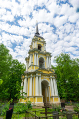 Fototapeta na wymiar Bell Tower of the Church of the Savior of the Miraculous Image (Khram Spasa Nerukotvornogo Obraza) in the Voronovo, Moscow built in 1762. 