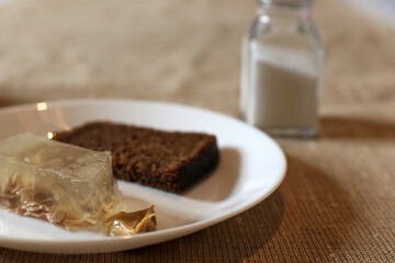 Aspic cold meat, traditional ukrainian dish holodets. Jellied meat. Selective focus.