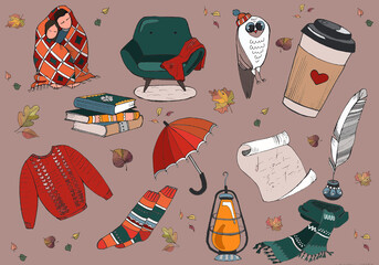 Set of autumn illustrations. Umbrella, sweater, cozy armchair, plaid, couple in a plaid, coffee, books, writing, feather, socks,  lantern, owl, autumn leaves