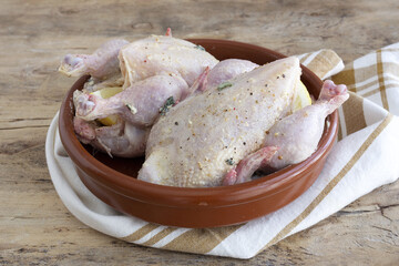 raw coquelet chickens prepared for roasting with vegetables and herbs