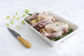 raw coquelet chickens prepared for roasting with vegetables and herbs