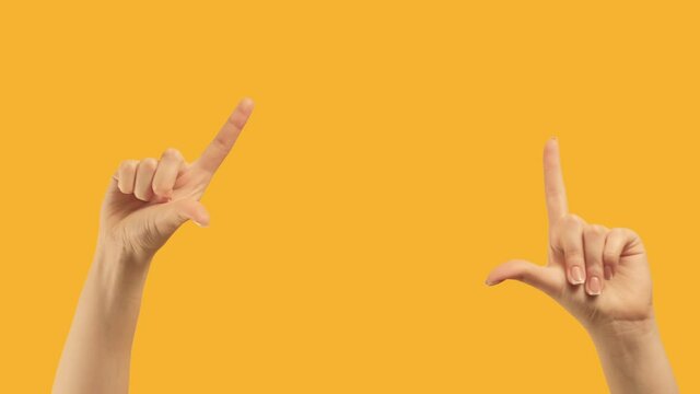 Set of 3 hand gestures. Female fingers stretching out copy space for text isolated on orange background.