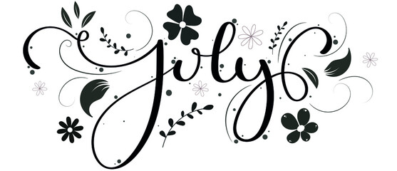 Hello July. JULY month vector with flowers, ornaments, swashes and leaves. Decoration floral. Illustration month July	
