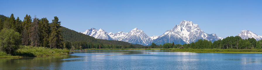 Panoramic of the SSnake River in the Teton Mountains of Wyoming.