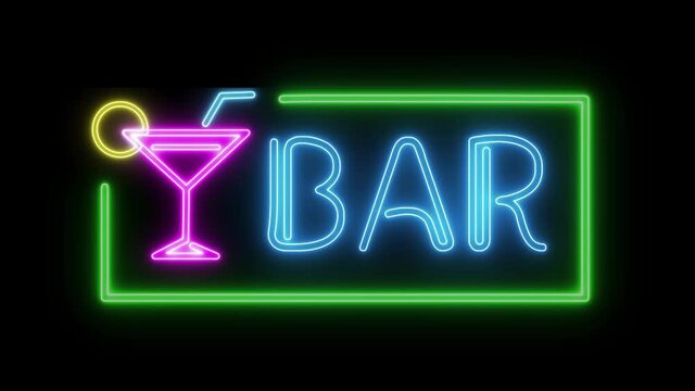 Bar neon sign light in frame on black background. Cocktail bar sign seamless looping.
