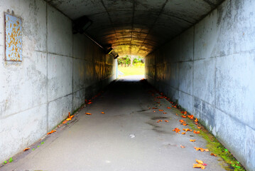 Desolat Concrete Tunnel in the Public Park in Autumn.