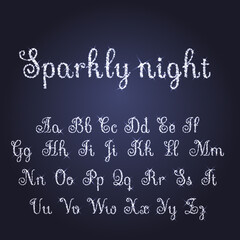 Vector shining luxury beautiful calligraphic silver and snow alphabet font set of glittering sparkles. Glitter font. Silver sparkle, glitter, rhinestone alphabet letters. Vector illustration. EPS 10