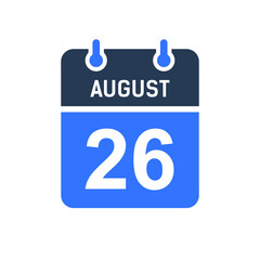 August 26 Calendar Date Icon, Event Date Icon, Calendar Date, Icon Design Vector Graphic