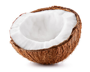 Coconut half isolate. Coco isolated side view. Open coconut. Coco slice on white background.