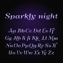 Vector shining luxury beautiful calligraphic purple alphabet font set of glittering sparkles. Vector illustration. EPS 10