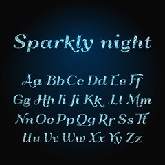 Vector shining luxury beautiful calligraphic blue alphabet font set of glittering sparkles. Vector illustration. EPS 10
