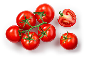 Tomatoes isolated. Tomato branch on white. Top view tomatoes. Tomato set.