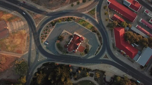 4K aerial drone summer sunset video of Windhoek Christuskirche historical church in city center in Namibia's capital in central highland Khomas Highland of Namibia, southern Africa