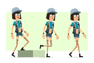 Fototapeta na wymiar Cartoon flat funny hipster girl character in trucker cap, glasses and jeans shorts. Ready for animation. Successful tired girl walking to her goal. Isolated on olive background. Vector set.
