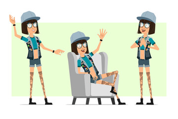 Cartoon flat funny hipster girl character in trucker cap, glasses and jeans shorts. Ready for animation. Girl resting on sofa chair and showing hello gesture. Isolated on olive background. Vector set.